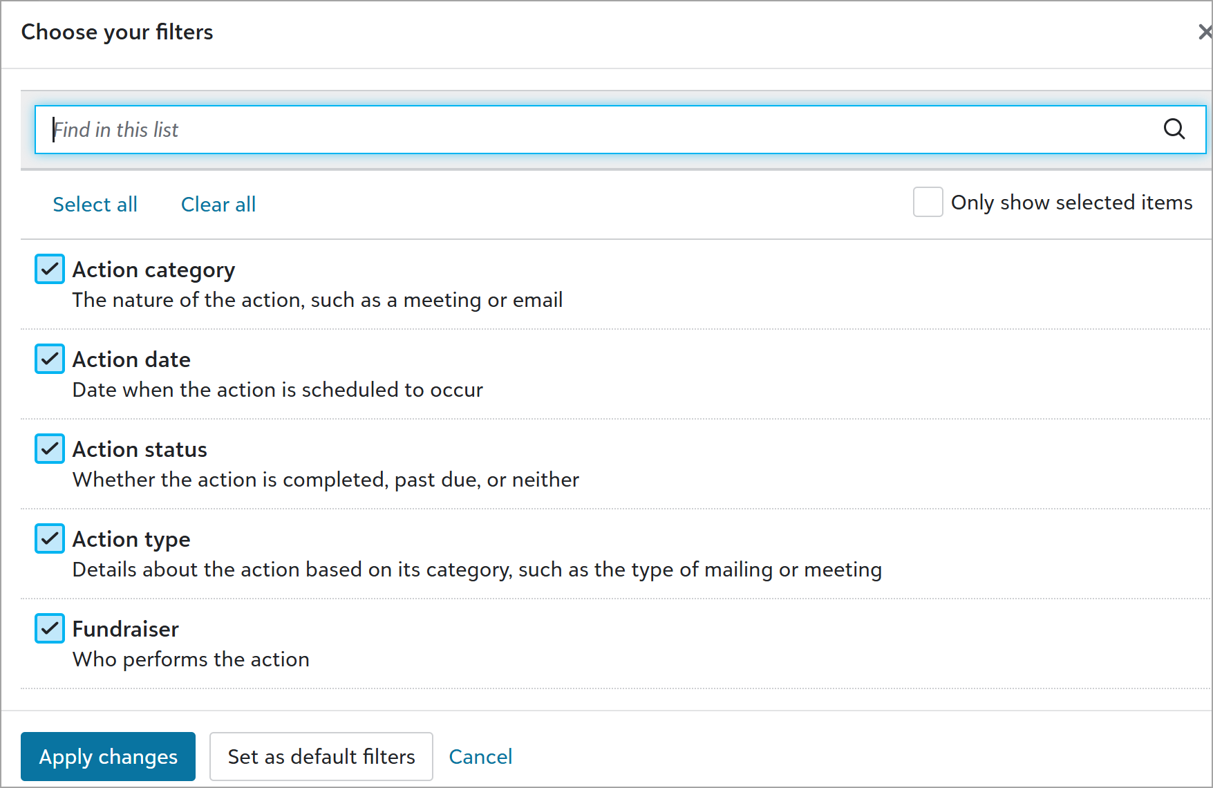 Action filters to select to query actions by the Development Agent Action filters to select to query actions by the Development Agent