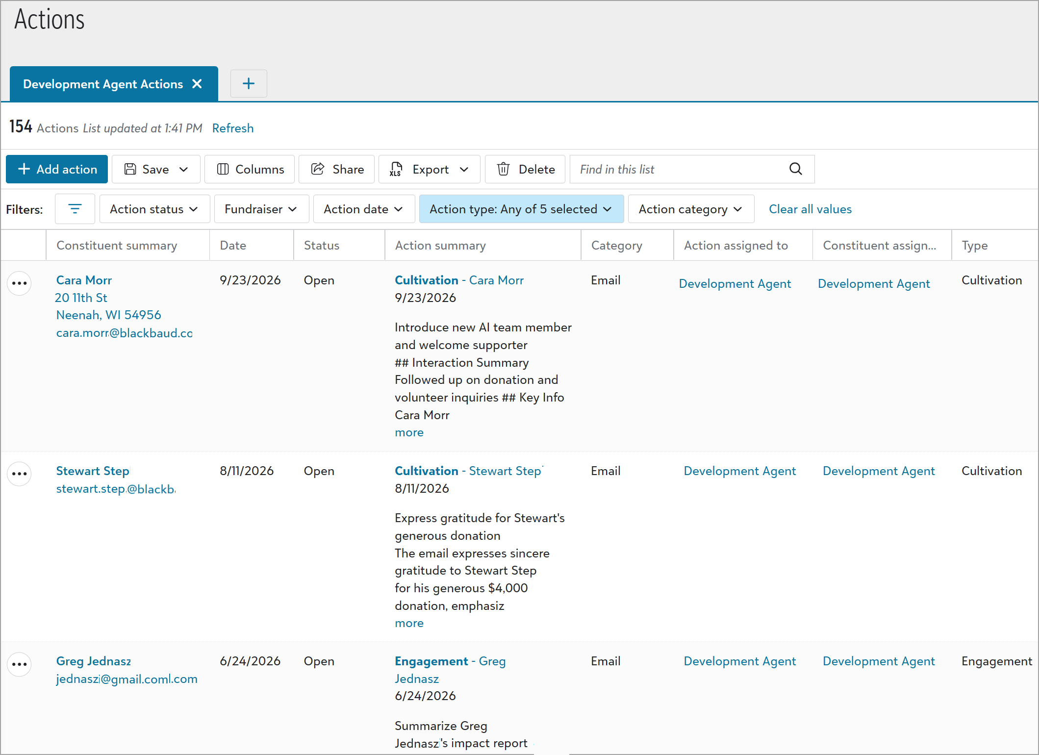 List of development agent actions