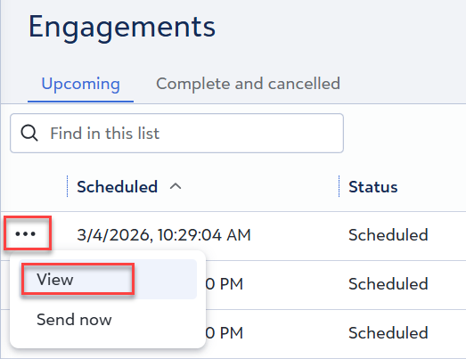 Ellipsis and View option for upcoming communications