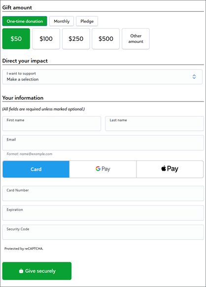Embedded checkout in a Standard Donation Form