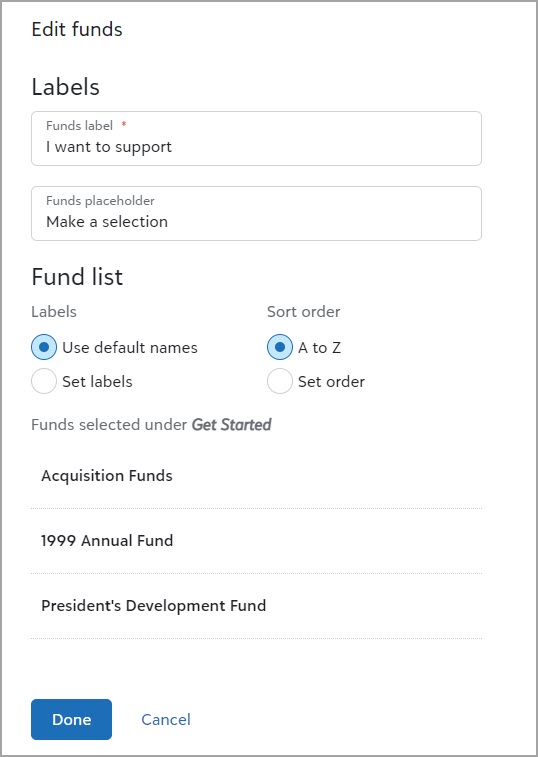 Label and sort funds on donation forms