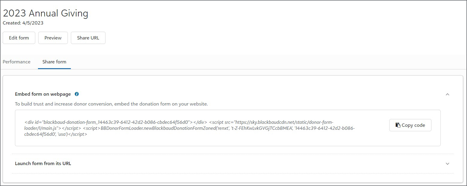 HTML code, URL, and QR code under Share form