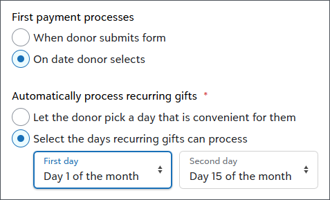 Let donors choose their recurring gift processing days or you choose them for your organization
