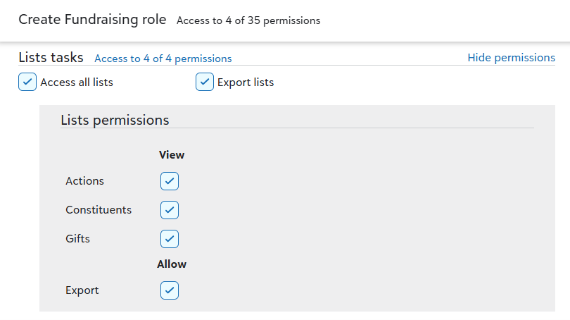 List permissions with all options selected