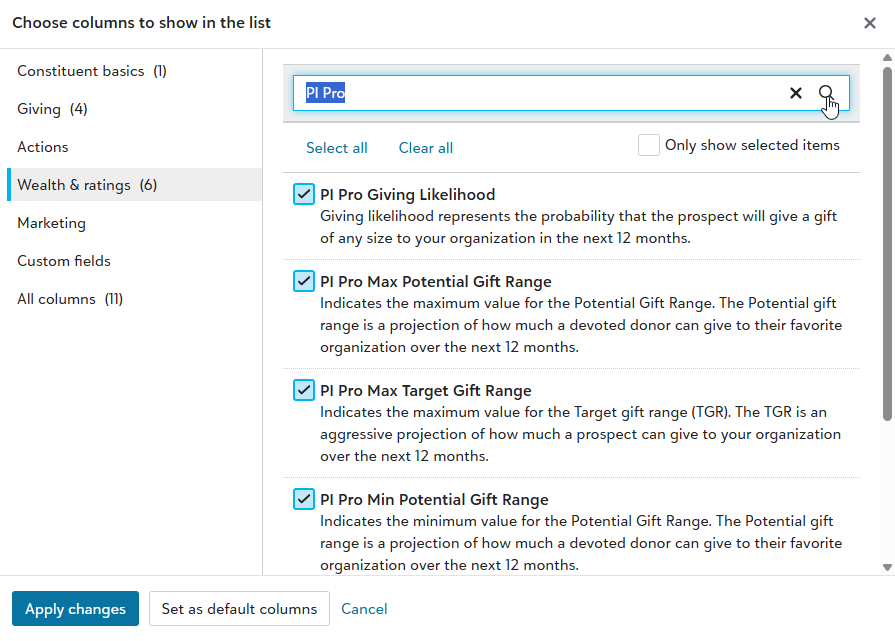 Prospect Insights Pro column search