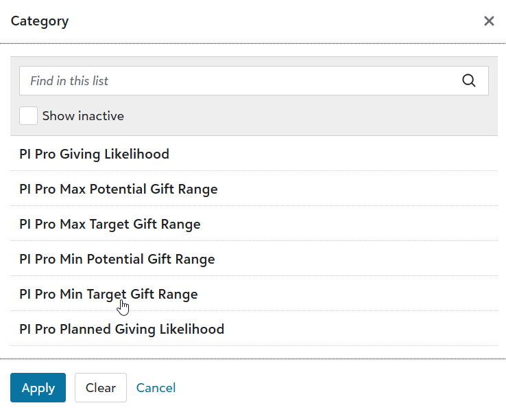 Select target gift range filter category