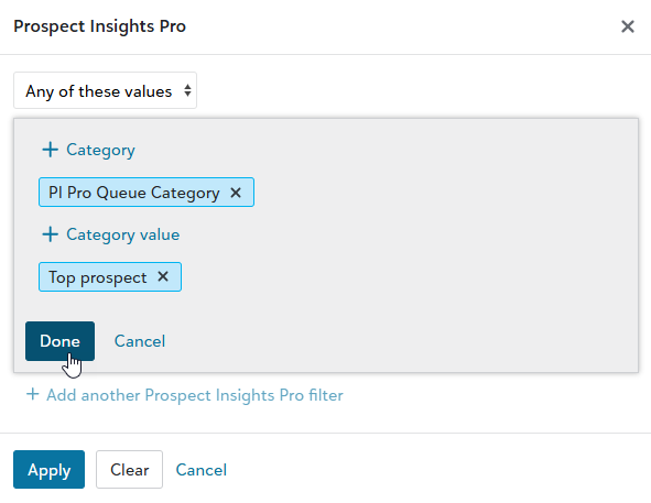 Prospect Insights Pro category and value selection