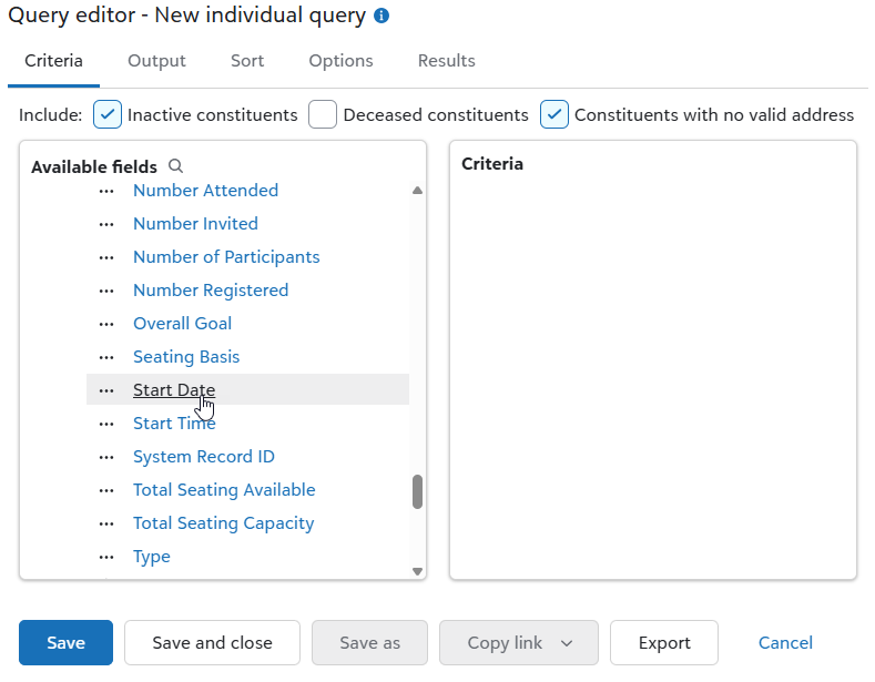 Query criteria: event start date