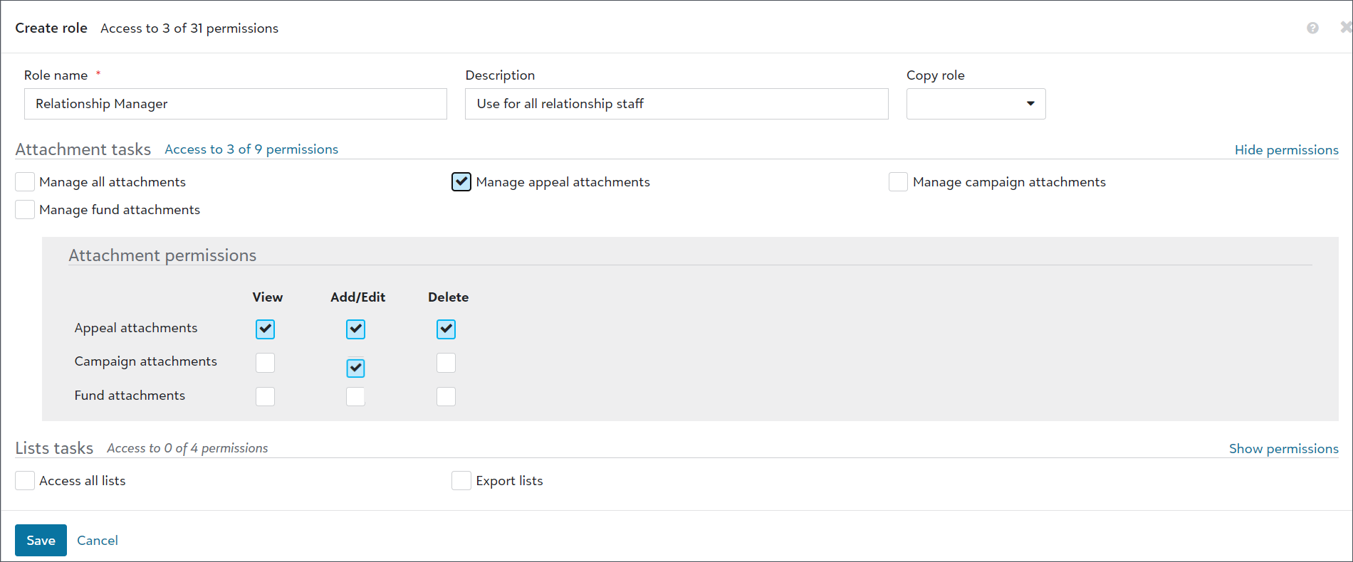 Permission and task selection area for a role