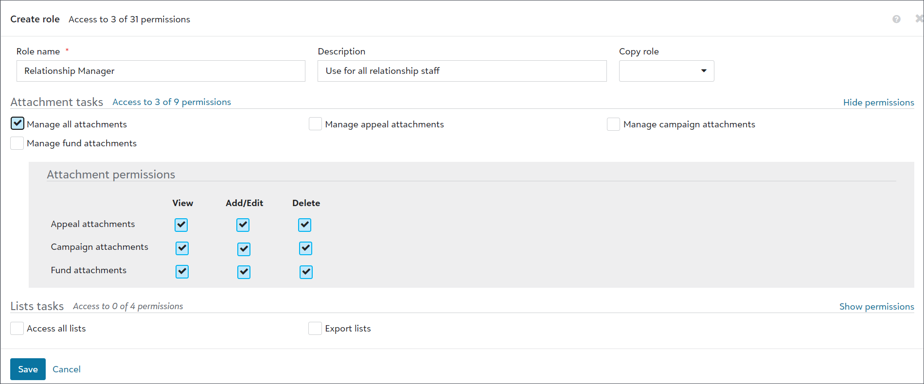 Permission and task selection area for a role